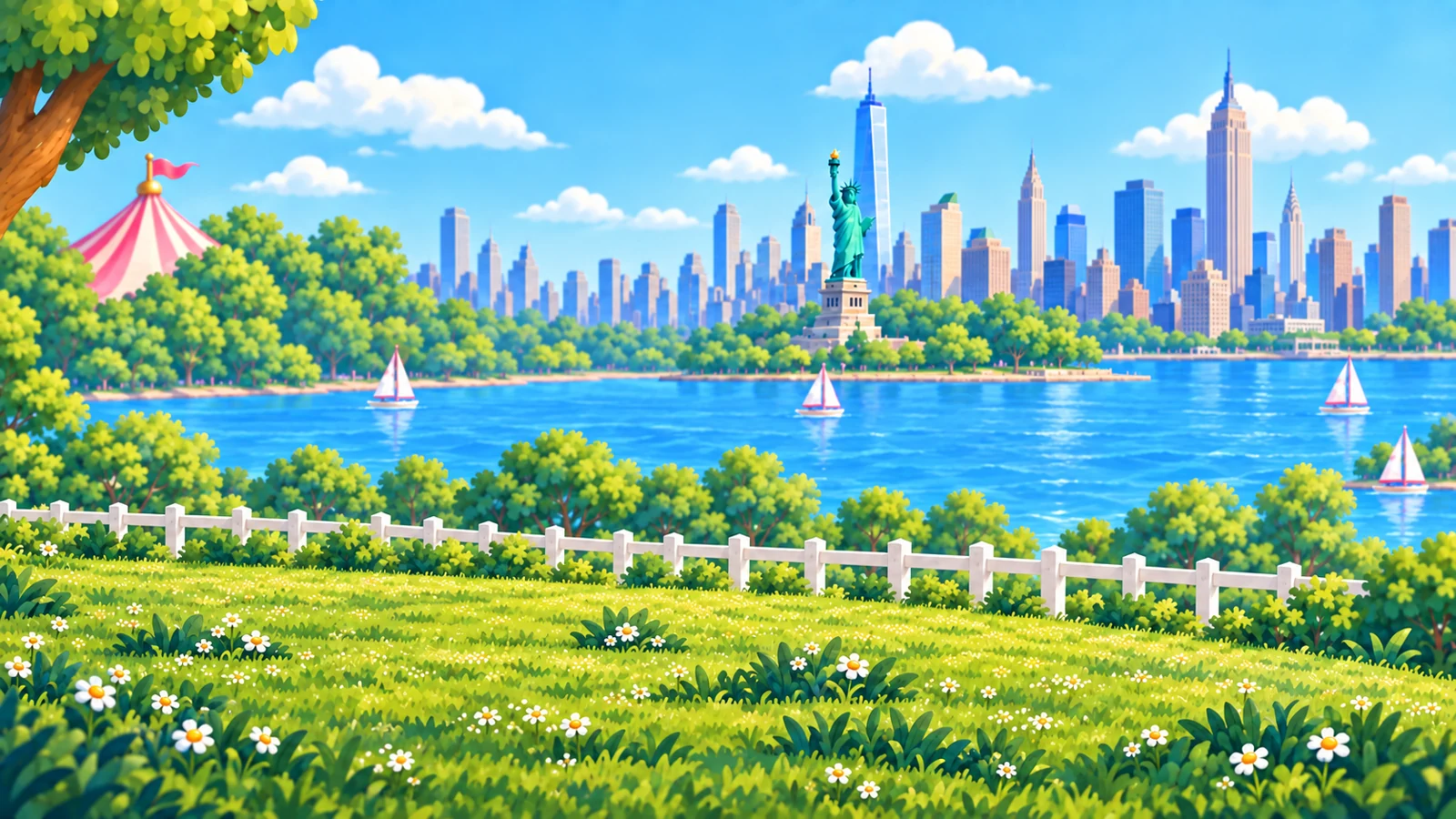 Bigtop Bingo USA Tour artwork with a sunny park and New York skyline