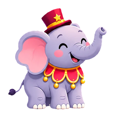 Friendly circus elephant in a ringmaster hat