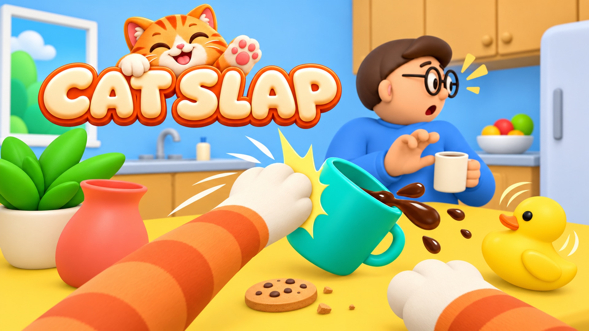 Cat Slap artwork with fluffy orange cat paws knocking over a mug in front of a surprised human in a sunny kitchen