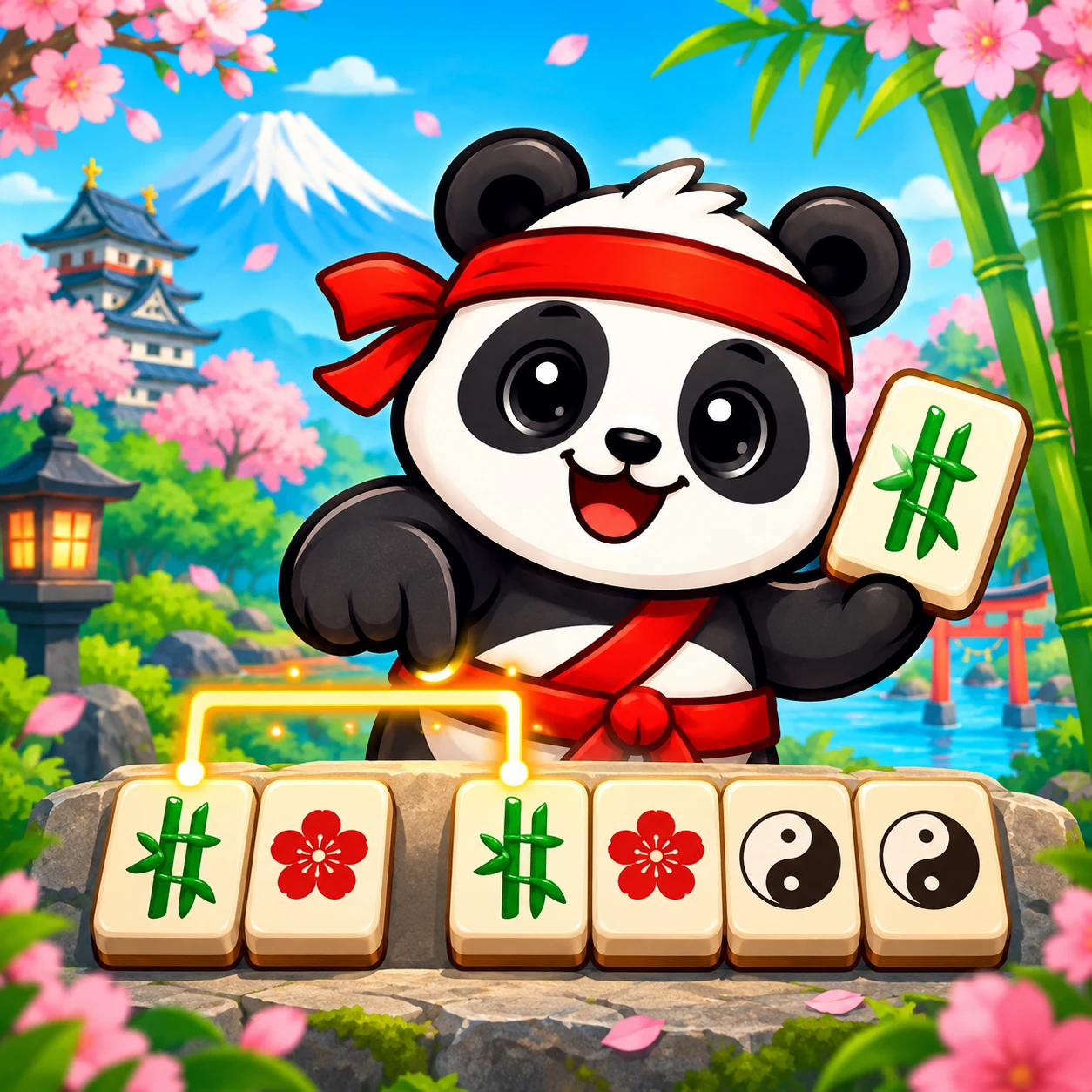 A smiling panda ninja connects mahjong tiles in a garden of cherry blossoms and bamboo