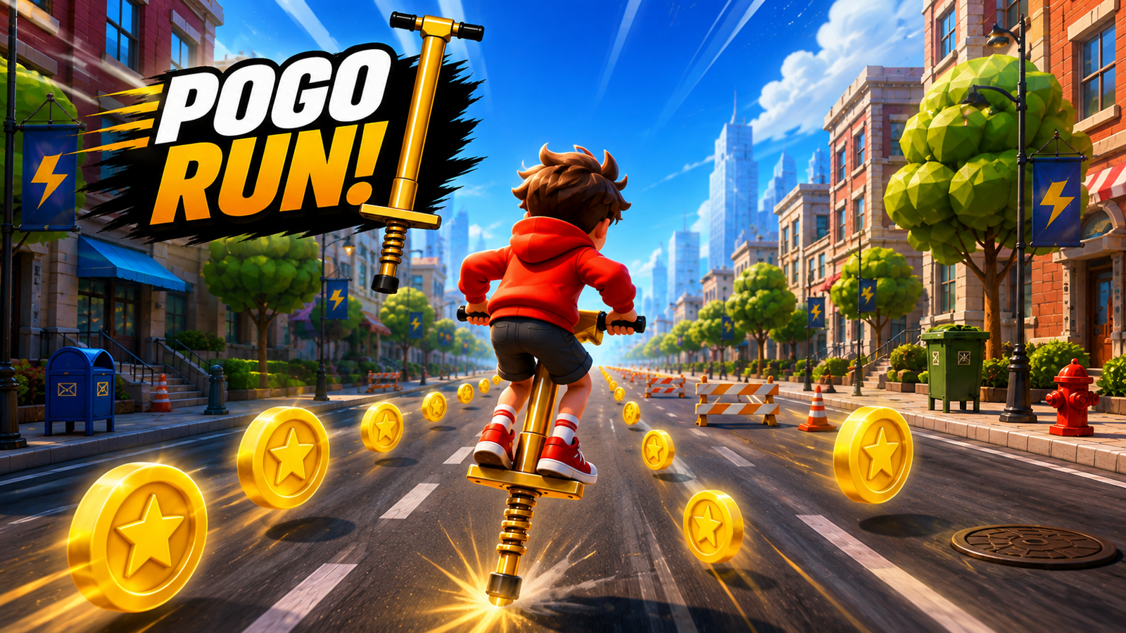 Pogo game artwork showing a player bouncing down a colorful city street and collecting coins