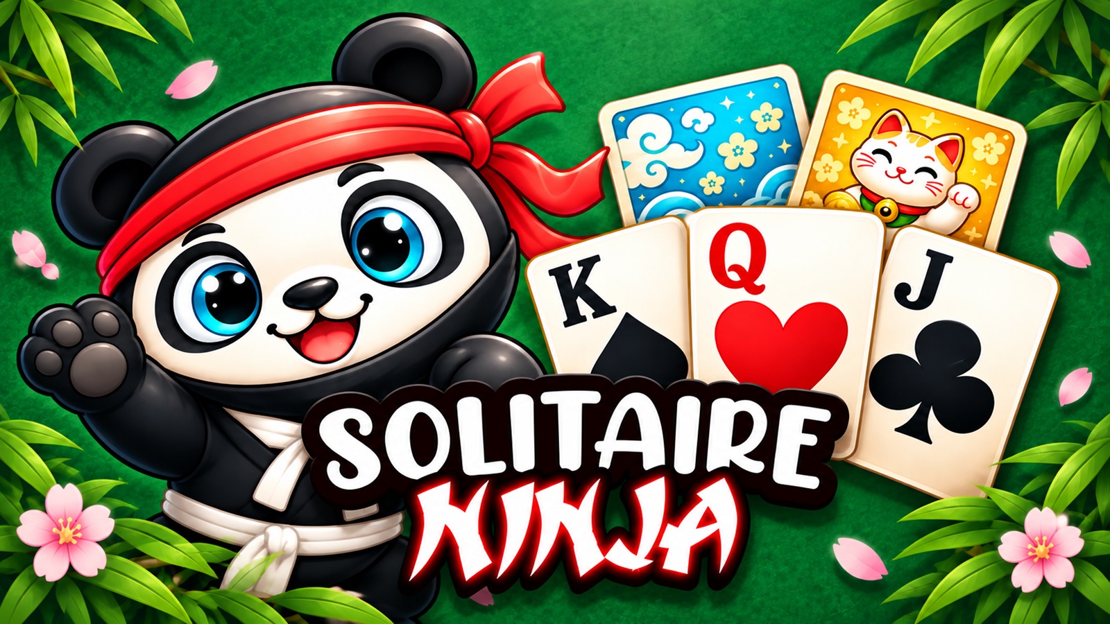 Solitaire Ninja artwork with a smiling panda ninja, playing cards, and the game logo on a green bamboo background