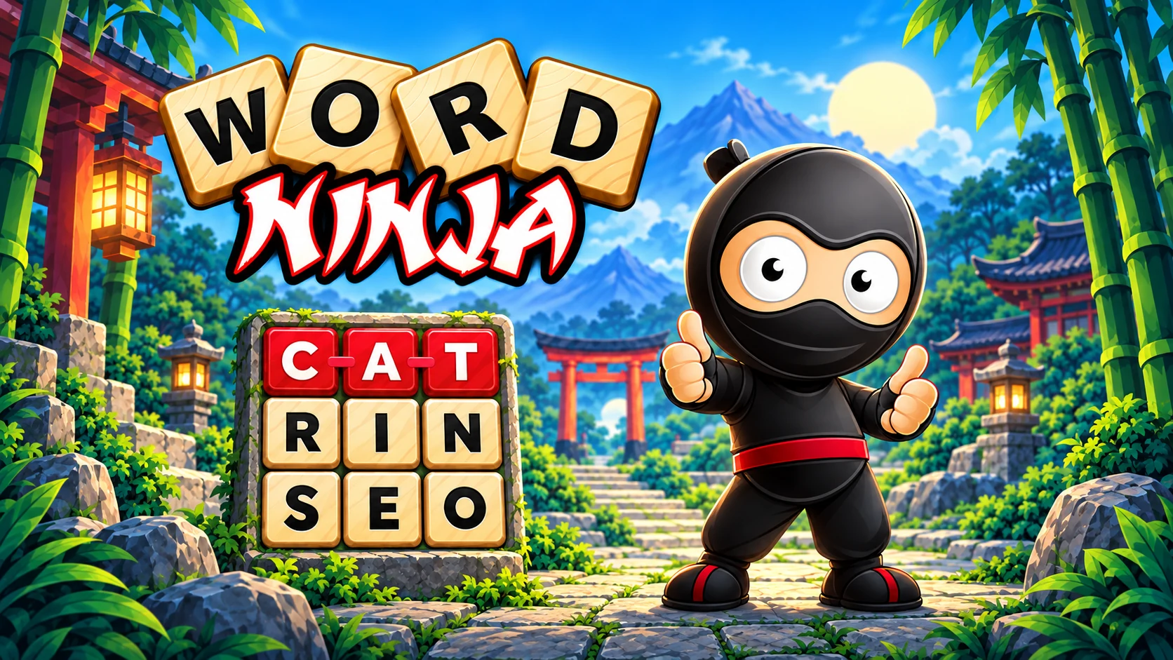 Word Ninja artwork with a smiling ninja, connected CAT letter tiles, and a sunlit bamboo courtyard