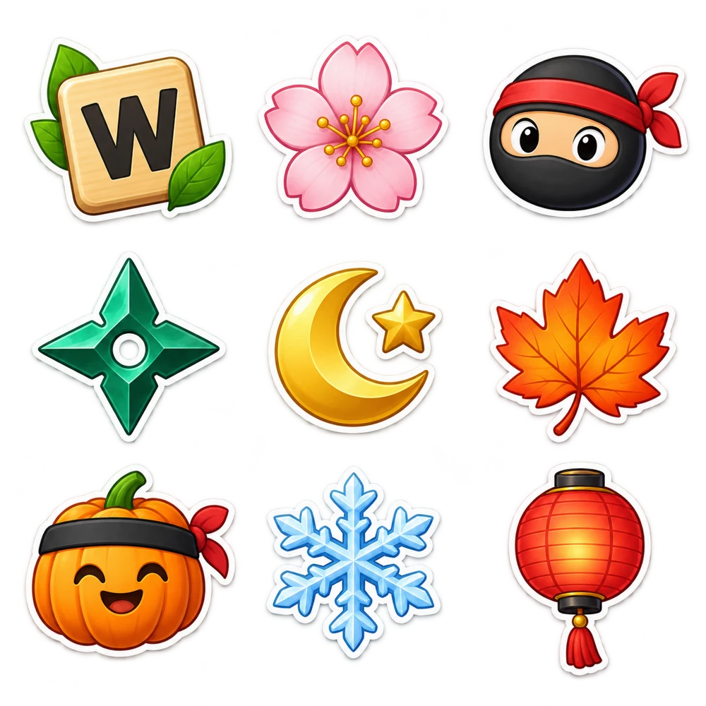 Word Ninja collectible stickers including a letter tile, cherry blossom, ninja, throwing star, moon, autumn leaf, pumpkin, snowflake, and lantern